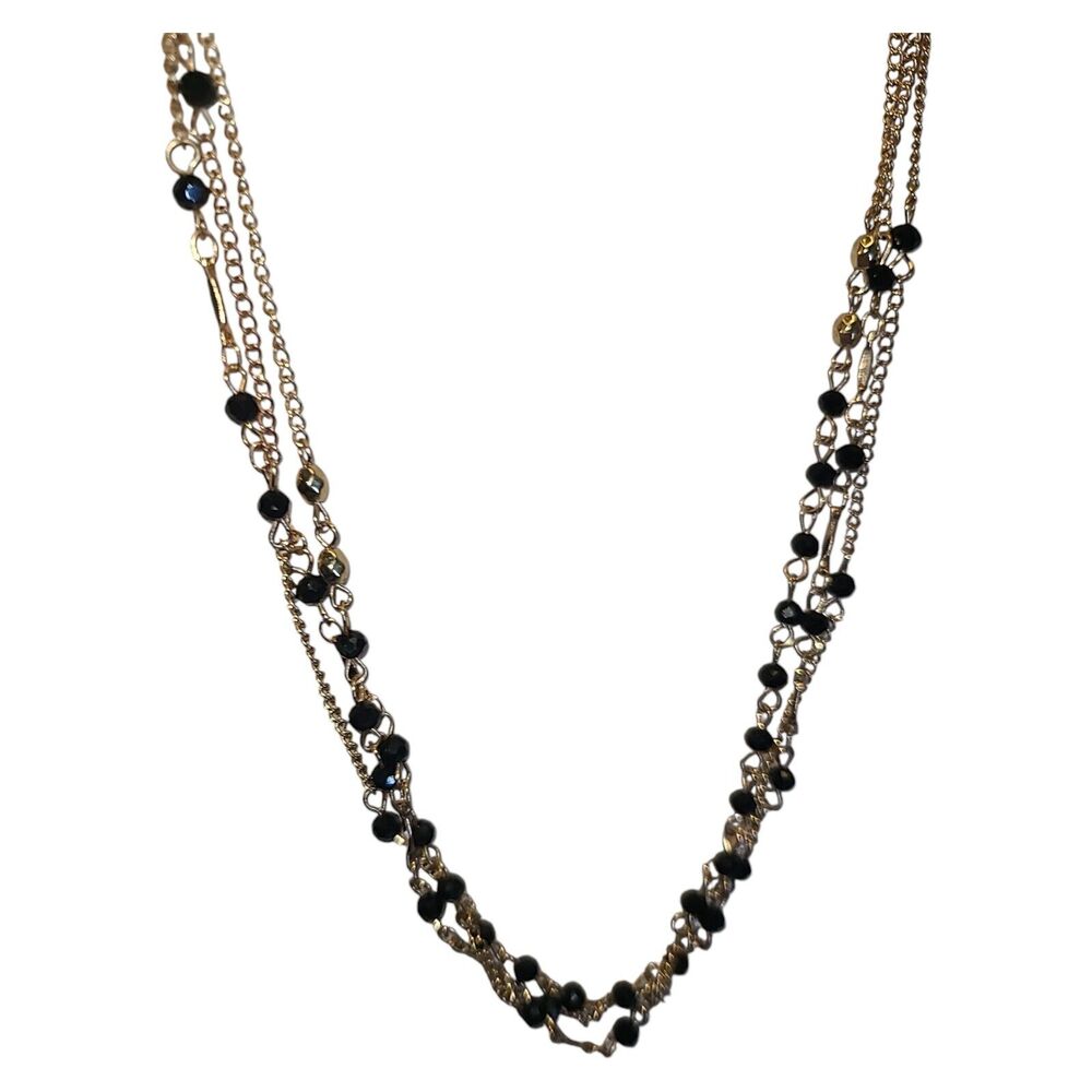 Gold Tone Black Bead 3 Strand Station Necklace 18-19"‎